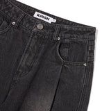 ウォッシングピンタックナッピングワイドフィットデニムパンツ[BLACK]