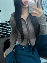 STRIPE SLIN クロップドフーディージップアップ 🤎❤🩶🖤3COLOR
