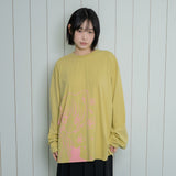 キャットガール & フラワー長袖Tシャツ - ライトグリーン
