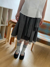 Karohi Sleeve Layered Check Shirring Midi Banding Skirt
