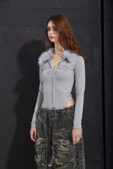 FUR COLLAR BODYSUITE