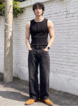 Ribbed Henley-Neck Sleeveless Top Black