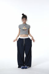 Summon Oak American-style spliced contrast-color casual pants for women, loose straight-cut wide-leg sports trousers with a good draping effect