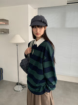 キヤン襟付きボーダーオーバー長袖Tシャツ