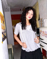 (2color) Lace Check Layered Neck Shirring Balloon Tee