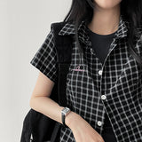 Peaky Pink Heart Embroidered Checkered Short-Sleeved Shirt