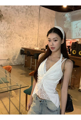 Twisted halter lace V-neck sleeveless top