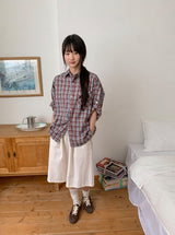 [unisex] カラニルチェックロールアップ半袖シャツ