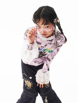 sillysis 可愛いイラストの小熊、ピンクの花柄プリント、宮廷風のギャザーレース付きTシャツ、インナー用トップス レディース