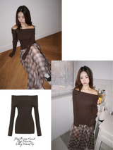 Deep Brown V-neck Off-Shoulder Long-Sleeved Top