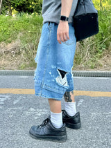 Double destroyed denim bermuda pants 1C