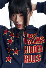 Star Lettering Patch Hoodie Zip-Up - Navy