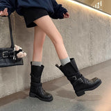 Vintage-Style Genuine Lambskin Mid-Calf Biker Boots with Belt Detail