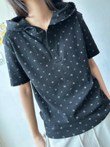 Flower Even Halter Neck Button Hooded Tee 2color