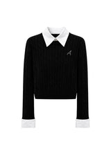 Elysia Contrast Collar Rib Knit Shirt Black