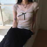 Bille Dot Lace Ribbon See-Through Short-Sleeved T-Shirt