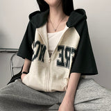 Before Color Raglan Short-Sleeved Hooded Zip-Up