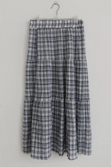 VINTAGE BLUE PLAID TIERED MAXI SKIRT