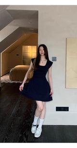 Navy Round Square Flared Dress