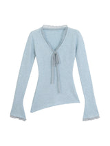 Sky V-neck Lace Bow Long Sleeve T-shirt