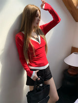 レースレイヤード長袖VネックTシャツ