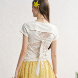 Back Ribbon Lace Sheer Short Sleeve Top