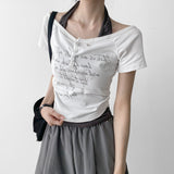 ホルターネック ボタン シャーリング オフショルダー ショートスリーブ Tシャツ (3 colors)