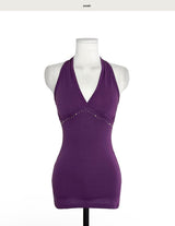 bata silver stud deep halter sleeveless top