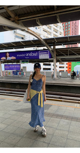 blue floral sleeveless chiffon long dress