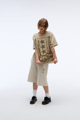 Sound wave artwork damage washing T-shirt (Beige)