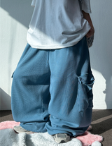 KOREAN 🧇 WAFFLE PUNCHING 🧇 LOOSE HIP CARGO BALLOON WIDE LONG PANTS 🩵🍓🩶 - 3 COLORS