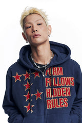 Star Lettering Patch Hoodie Zip-Up - Navy