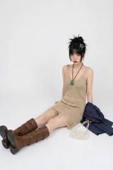 FRINGE-HEM KNIT V-NECK DRESS IN BEIGE