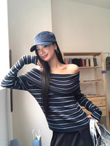 Stripe Slim Off-Shoulder Long-Sleeved Knit T-Shirt