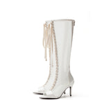 Satin See-Through Open Toe Boots Heel(White)
