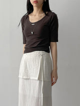 Pintuck U-Neck Elbow Length T-Shirt