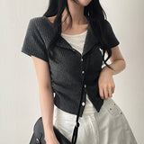 Dove Side Shirring Pleated Layered Snap Short-Sleeved Cardigan T-Shirt