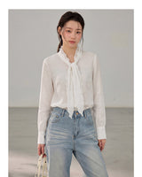 French ribbon tie V-neck blouse