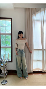 ムード刺繍フライオフショルダーTシャツ