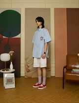 Blue Stripe Pocket short-sleeved Shirt [Unisex]