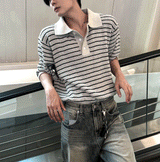 lewen stripe collar short-sleeved knit