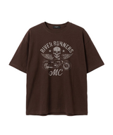メンズコットン半袖クロップドTシャツ モーターサイクル ブラウン