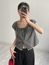 Lace Check Cap Sleeve Blouse