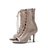Mesh Lace-Up Open Toe Heel(Beige)