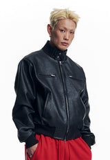 High Neck Leather Crop Jacket - Black