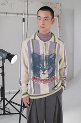 Loose lapel, raglan sleeve, color-blocked striped, cut-out printed sweater