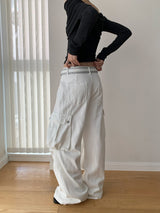 white overall pocket wide casual pants