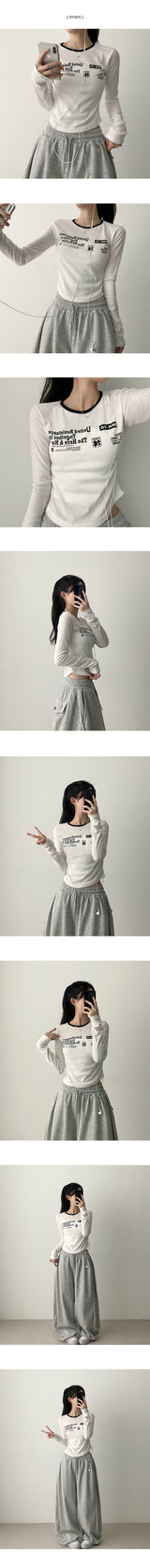 Gling Coloring Round Lettering スリムフィット長袖Tシャツ