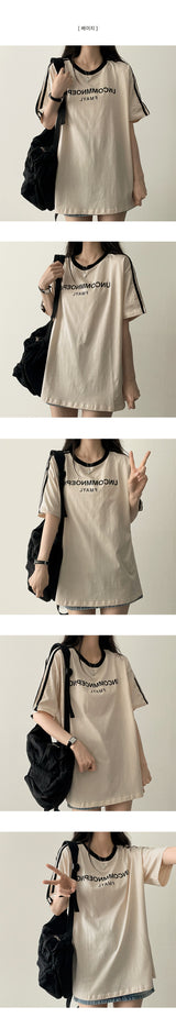UN レタリングトラックラインオーバーサイズフィット半袖Tシャツ