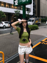 Olive Diary Button U-Neck Slim Fit T-Shirt